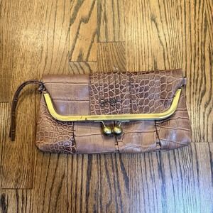 Jessica Simpson Brown Croc Bag Purse Clasp Snap Over Clutch Logo